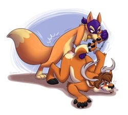 anthro bondage canine clothing cum dora_the_explorer fox foxudders fur gloves male mammal mask sex simple_background swiper yaoi