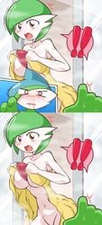 ! 1boy 1girls abs armpits bare_shoulders bathroom belly big_breasts blood blush breasts cleavage comic covering_breasts female gallade gardevoir green_hair green_skin large_breasts looking_at_viewer male mostly_nude motion_lines navel nintendo nosebleed nude open_mouth pointing pokemon pokemon_(species) pokemon_dppt pokemon_rse red_eyes short_hair standing straight surprised sweat tongue towel uranoyoru white_skin wide_hips