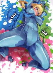 big_breasts blonde_hair blue_eyes bodysuit bondage breasts cleavage inkling large_breasts metroid nintendo restrained samus_aran splatoon yuzumiya_mono zero_suit zero_suit_samus