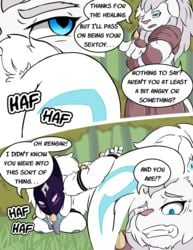 blue_eyes blush bondage bound breasts caprine comic enduranthill feline female fluffy fluffy_tail forest fur kindred lamb_(league_of_legends) large_breasts league_of_legends lion mammal mask page rengar riot_games sheep thick_thighs tree white_fur