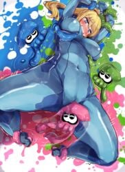 big_breasts blonde_hair blue_eyes blush bodysuit bondage breasts cleavage inkling large_breasts metroid nintendo paint restrained samus_aran splatoon squid tentacle yuzumiya_mono zero_suit zero_suit_samus