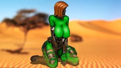 android belt blue_sky boots breasts brown_hair cybernetics cyborg desert female gloves green_clothing green_garry_(serious_sam) hiding_face high_heels lips nipples nipples_visible_through_clothing outdoors outside robot robotic rule_63 serious_sam sky sunny t-shirt tagme tree