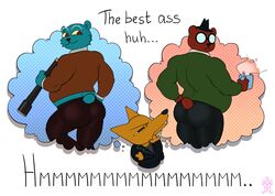 angus_(nitw) ass bear bobthetanuki canine coffee extrasizedbob fox gregg_(nitw) male_only mammal mr._chazokov_(nitw) night_in_the_woods telescope