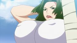 animated blush bouncing_breasts breasts brown_eyes cleavage erect_nipples erect_nipples_under_clothes female green_hair hoods_entertainment huge_breasts kaneko_hiraku lipstick long_hair manyuu_hikenchou mature_female parted_lips sarashi screencap solo sweat toyo_(manyuu_hikenchou) underboob upper_body