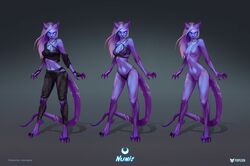 2018 anthro blue_eyes breasts claws clothed clothing digital_media_(artwork) feline female fur hair lingerie mammal nude perplexin purple_fur purple_hair signature simple_background solo