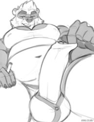 2018 5_fingers anthro bear belly cigarette clothing erection facial_hair foreskin foreskin_pull greyscale humanoid_penis kihu looking_down male male_only mammal monochrome moobs muscular muscular_male navel nipple_piercing nipples overweight overweight_male panda pecs penis piercing shirt sideburns smile solo tank_top uncircumcised uncut underwear