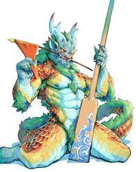 abs anthro balls beard biceps blue_scales chest_tuft claws convenient_censorship dragon eastern_dragon elbow_tufts facial_hair flag green_hair hair horn iridescent jacketbear kneeling long_tail looking_at_viewer male male_only navel nipples oar open_mouth pecs pubes red_scales scales simple_background smile solo tuft white_background yellow_scales