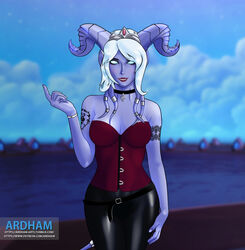 1girls alien ardham big_breasts big_hips black_pants blizzard_entertainment blue_eyes blue_skin breasts corset curvaceous curvy draenei female heroes_of_the_storm hips horn horns leather_pants pants pin-up pin_up skin_tight stomach tail tendrils text url warcraft watermark white_hair world_of_warcraft wow yrel