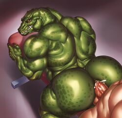 2018 anal anal_sex anthro anus ass back_muscles balls big_muscles big_sub claws crocodile crocodilian cum cum_in_ass cum_inside dc dc_comics fangs fat_ass gay green_skin human human_on_anthro interspecies killer_croc looking_at_viewer looking_back lytta_the_bug male male_only mammal massive_ass monster muscular muscular_male penetration penis red_eyes reptile scalie sex white_male yaoi