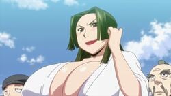 2boys animated blush bouncing_breasts breasts brown_eyes cleavage female green_hair hoods_entertainment huge_breasts kaneko_hiraku lipstick long_hair manyuu_hikenchou multiple_boys smile standing toyo_(manyuu_hikenchou) yukata