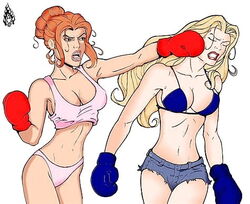 2girls bikini_top blonde_hair blue_bikini_top blue_boxing_gloves blue_gloves boxing boxing_gloves breasts bun_hair clenched_teeth closed_eyes clothing darkstorm2005 fight gloves human human_only light-skinned_female light_skin lips lipstick long_hair medium_breasts multiple_girls open_mouth orange_hair panties pink_lipstick pink_panties pink_tank_top punch red_boxing_gloves red_gloves red_lipstick shorts tagme tank_top torn_shorts unknown_characters white_background wide_hips