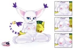 bandai_namco big_breasts big_ears black_nose blue_eyes blush breast_expansion breasts card claws clothing digimon digivice ear_tuft fangs feline female female_only flat_chested fur gatomon gloves grin huge_breasts long_tail looking_at_viewer mammal matospectoru nipples pussy simple_background small_breasts smile solo tail_ring teeth thumbs_up tuft whiskers white_background white_fur