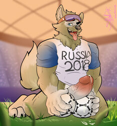 2018 anthro ball balls biceps big_penis blue_eyes canine cum erection eyewear fangs fifa fur goggles horn looking_at_viewer male male_only mammal mascot open_mouth penis shawd_studios_(artist) smile soccer soccer_ball solo sport tongue wolf zabivaka