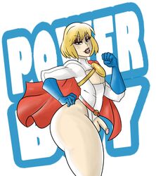 1boy androgynous balls bimbo blonde_hair blue_eyes bob_cut cape cleavage_cutout dc dc_comics donkaqq erection eyeshadow femboy girly lipstick looking_at_viewer male male_only penis power_girl rule_63 small_penis superman_(series) testicles thick_thighs trap