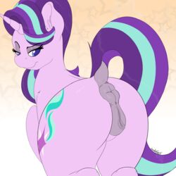 2018 absurdres anatomically_correct anatomically_correct_pussy animal_genitalia animal_pussy anus ass bedroom_eyes cutie_mark equine equine_pussy eyebrows eyelashes female feral friendship_is_magic gradient_background half-closed_eyes highres horn kundofox looking_at_viewer looking_back mammal multicolored_hair my_little_pony nude presenting presenting_hindquarters presenting_pussy puffy_anus purple_eyes purple_hair pussy raised_tail rear_view seductive signature simple_background smile solo star starlight_glimmer two_tone_hair unicorn