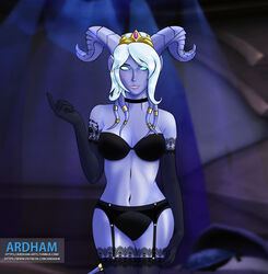 1girls abs alien ardham big_breasts big_hips blizzard_entertainment blue_eyes blue_skin breasts curvaceous curvy draenei female garter_belt garter_straps gloves heroes_of_the_storm hips horns lingerie pin-up pin_up smile stockings stomach tail tendrils text url warcraft watermark white_hair world_of_warcraft wow yrel