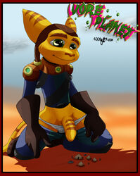 2008 anthro balls bulge clothed clothing foreskin fur green_eyes green_roon humanoid_penis kneeling lombax macro male male_only mammal pants pants_down partially_clothed penis ratchet_(ratchet_and_clank) ratchet_and_clank underwear video_games yellow_fur