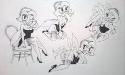 ass breasts breasts_out chair cleavage cum_on_ass cum_on_wings cum_string cuphead_(game) fellatio fly_girl fly_girl_(cuphead) gloves heels legs_crossed looking_back monochrome nipples one_eye_closed open_mouth pac-man_eyes sitting twistedterra vaginal_penetration wings