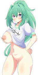 1girls bottomless breasts green_heart hand_on_hip inverted_nipples looking_at_viewer naruse_mai neptunia_(series) nipples nopan one_breast_out pussy symbol-shaped_pupils tagme vert