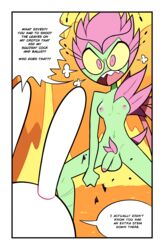 2018 angry armor balls blush breasts comic dialogue dickgirl digital_media_(artwork) duo english_text female flaccid flora_fauna green_balls green_penis green_skin helmet hi_res humanoid intersex lagomorph mammal miscon navel nipples nude open_mouth panting penis pinku_(miscon) plant purple_eyes rabbit small_breasts standing succubus text