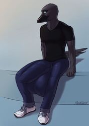 2018 anthro avian big_bulge bird bulge clothed clothing corvid hi_res looking_at_viewer male male_only penis_outline pulsar raven_(bird) roro_(character) signature sitting solo