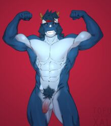 abs anthro antlers balls biceps blue_hair blue_skin dragon facial_hair fist flaccid flexing hair half_portrait headband horn humanoid_penis male male_only muscular muscular_male nipples nude open_mouth pecs penis pose pubes red_background ryu_(blackclown00) sideburns simple_background smile solo standing teeth tofudumps