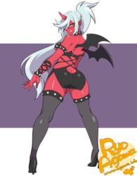 ass_cleavage butt_crack collar demon demon_girl demon_wings fangs female glasses green_eyes high_heels horn kneesocks_daemon panty_&_stocking_with_garterbelt pointy_ears ponytail red_skin ryo_agawa solo spiked_collar thighhighs very_long_hair white_hair wings