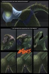 anthro anus argonian big_breasts blacktigerr blue_feathers breasts clothed clothing comic english_text erect_nipples feathers female gender_transformation green_skin hair horn human leaking mammal mtf_transformation nipples onomatopoeia open_mouth partially_clothed penis pussy scalie screaming shimmers-in-starlight_(renlu) sound_effects spines teeth text the_elder_scrolls torn_clothing transformation video_games white_hair