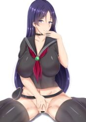 areolae bangs bar_censor belt belt_pouch black_legwear black_sailor_collar black_serafuku black_shirt blue_eyes bottomless breasts censored chiyo_(pk19981234) collar collarbone eyebrows_visible_through_hair fate/grand_order fate_(series) female highres large_breasts long_hair looking_at_viewer loose_belt minamoto_no_raikou_(fate/grand_order) navel neckerchief nipples parted_bangs pouch purple_hair pussy pussy_juice sailor_collar school_uniform see-through serafuku shirt short_eyebrows short_sleeves sitting smile solo thighhighs very_long_hair