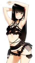 1girls armpits arms_above_head arms_up atlus bangs bell bell_collar black_bra black_eyes black_hair black_panties blush bow bow_bra bra breasts choker collar eyebrows_visible_through_hair female female_only frilled_choker frills hair_ornament hair_ribbon halphelt hifumi_togo lingerie long_hair looking_at_viewer megami_tensei navel panties parted_lips persona persona_5 pose raised_eyebrows ribbon simple_background smile solo standing underwear underwear_only very_long_hair white_background