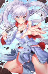 1girls artist_request ass attacking_viewer blue_background blue_eyes boots breasts cameltoe cleavage clothed earrings eye_scar female female_only holding human long_hair necklace panties ponytail rapier rwby scar solo spread_legs tumblr upskirt weapon weiss_schnee white_hair