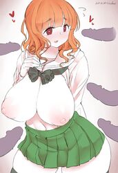 areolae bangs blunt_bangs breasts breasts_out curvy female girls_und_panzer green_skirt highres huge_breasts nipples ooarai_school_uniform open_clothes open_mouth orange_hair penis puffy_nipples red_eyes school_uniform serafuku shirt_lift skirt smile takebe_saori tamamf thick_thighs thighhighs wavy_hair wide_hips