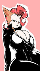 1girls anthro balak big_breasts bodysuit breasts collar female female_only gloves hips huge_breasts large_breasts monique_pussycat naughty_face open_mouth red_hair simple_background solo solo_female super_fuck_friends thick thick_thighs thighs unzipped wide_hips zipper_pull_tab