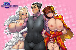 1boy 2girls anna_williams blonde_hair blue_eyes blush breasts breasts_out bridal_veil brown_hair china_dress darkereve ffm girl_sandwich holding_arm huge_breasts innie_pussy kazuya_mishima lipstick nina_williams nipples no_bra no_panties pussy scar sisters straight tekken tekken_7 thighhighs vest wedding_dress