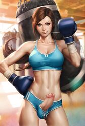 1futa ball_bulge balls balls_in_panties balls_under_clothes bandage blue_eyes boxing_gloves cleavage crotchless curvy edit elzikyuchi erection futa_only futa_sans_pussy futanari futanari_edit human intersex looking_at_viewer midriff muscular_futanari panties panty_bulge penis penis_out punching_bag sagging_balls solo sports_bra stanley_lau sweat