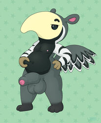 2017 3_toes 4_fingers animal_crossing anteater anthro antonio_(animal_crossing) balls beady_eyes bedroom_eyes belly belly_squish big_belly big_thighs biped black_body black_countershading black_eyes black_stripes brown_body countershade_face countershade_torso countershading front_view full-length_portrait giant_anteater glans gloves_(marking) green_background grey_balls grey_body grey_penis half-closed_eyes half-erect hand_on_hip heddy hi_res holding_belly long_foreskin looking_at_viewer male male_only mammal markings multicolored_body muzzle_(marking) navel nintendo nipples nude overweight overweight_male pattern_background pecs penis pink_nipples portrait pot_belly reverse_countershading seductive simple_background socks_(marking) solo standing striped_body stripes tan_body tan_countershading toes uncut video_games white_body white_stripes