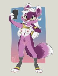 anthro blue_eyes breasts cellphone ear_piercing eyewear female fur glasses hair long_hair mammal nipple_piercing nipples phone piercing purple_fur pussy reign-2004 solo spats unknown_species white_fur white_hair