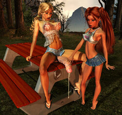 2girls 3d balls big_penis blonde_hair futanari grendel intersex miniskirt outdoors penis picnic_table precum red_hair tank_top trees veiny_penis