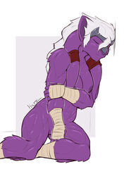 anthro bandage breasts female fur furry furry_only hair head_plate head_tails holtzmann kraskit leaning muscular muscular_female nipples nude purple_fur pussy sleeping tabitha_terleir white_hair