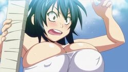 1girls animated blue_hair blush bouncing_breasts breasts cleavage erect_nipples erect_nipples_under_clothes female hoods_entertainment huge_breasts kaneko_hiraku manyuu_chifusa manyuu_hikenchou open_mouth sarashi screencap short_hair solo sweat yellow_eyes