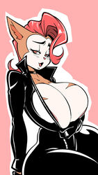 1girls anthro balak big_breasts blush bodysuit breasts collar female female_only gloves hips huge_breasts large_breasts monique_pussycat naughty_face open_mouth red_hair simple_background solo solo_female super_fuck_friends thick thick_thighs thighs unzipped wide_hips