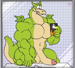 anthro balls big_penis bobthetanuki cuphead_(game) dragon extrasizedbob grim_matchstick male_only muscles muscular nude pecs penis phone reptile scalie selfie smile