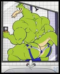 anthro ass bobthetanuki cuphead_(game) dragon extrasizedbob grim_matchstick jockstrap male male_only muscles muscular phone reptile scalie underwear