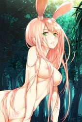 animal_ears breasts bunny_ears female forest green_eyes long_hair looking_at_viewer nature navel nipples nude open_mouth original pink_hair pointy_ears rayn solo tattoo teeth tree