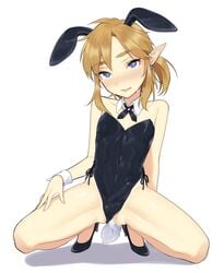 1boy androgynous animal_ears ass balls_in_bunnysuit bangs bare_legs bare_shoulders black_leotard blue_eyes blush bunny_boy bunny_day bunny_ears bunny_tail bunnysuit canon_crossdressing covered_navel cum cum_in_ass detached_collar drawstring earrings erection erection_under_clothes eyebrows_visible_through_hair femboy full_body girly head_tilt heart heart-shaped_pupils high_heels hylian jewelry leotard light_brown_hair link looking_at_viewer male_focus medium_hair meimone nose_blush parted_lips penis_in_bunnysuit pointy_ears ponytail sidelocks smile solo spread_legs squatting strapless strapless_leotard sweat symbol-shaped_pupils tail the_legend_of_zelda trap wavy_mouth white_background wrist_cuffs yaoi