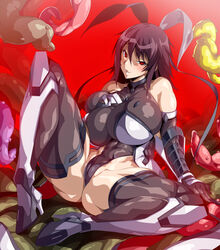 1girls absurdres ass bangs black_leotard blush breasts cameltoe covered_navel covered_nipples deep_skin elbow_gloves female female_only full_body gloves hair_ribbon high_heels highres huge_breasts leotard long_hair looking_at_viewer milf mizuki_shiranui mother parted_lips potion_(moudamepo) red_background red_eyes ribbon shiny shiny_clothes shiny_hair sitting skin_tight smile solo spread_legs succubus taimanin_(series) taimanin_yukikaze teeth tentacle thighhighs