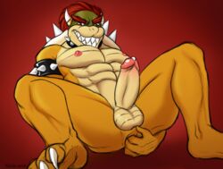 1boy anus ass balls bowser erection fingering gay grin koopa male male_only mario_(series) narija nintendo nipples penis red_background scalie simple_background smile solo teeth testicles video_games