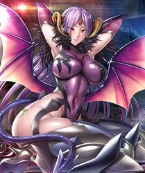 1girls 3_eyes abs armpits arms_up ass bare_shoulders black_legwear breasts covered_navel demon_girl demon_horns demon_tail demon_wings elbow_gloves eye_contact female female_only fishnets gloves half-closed_eyes highleg highleg_leotard highres hips horns impossible_clothes impossible_leotard large_ass large_breasts leotard lipstick long_hair looking_at_viewer makeup mole mole_under_mouth multi_eye nipples pale_skin parted_lips purple_hair purple_leotard red_eyes saika_fuuma shiny shiny_clothes shiny_hair shiny_skin sitting skin_tight smile solo source_request spread_legs sweat tagme tail taimanin_(series) taimanin_asagi_battle_arena teeth thick_thighs thighhighs thighs wide_hips wings zol