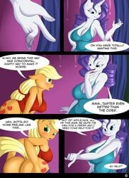 2017 applejack_(mlp) ass big_butt blue_eyes clothed clothing comic cutie_mark dialogue digital_media_(artwork) dock duo english_text equine female freckles friendship_is_magic green_eyes hair hair_on_head hi_res horn long_hair mammal my_little_pony open_mouth pussy_juice rarijack rarity_(mlp) suirano text tongue tongue_out unicorn