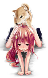 all_fours bunny_hair_ornament canine closed_mouth crescent crescent_hair_ornament doggy_style female hair_ornament kantai_collection kurona long_hair nude red_eyes red_hair sex simple_background socks solo tears trembling uzuki_(kantai_collection) white_background zoophilia